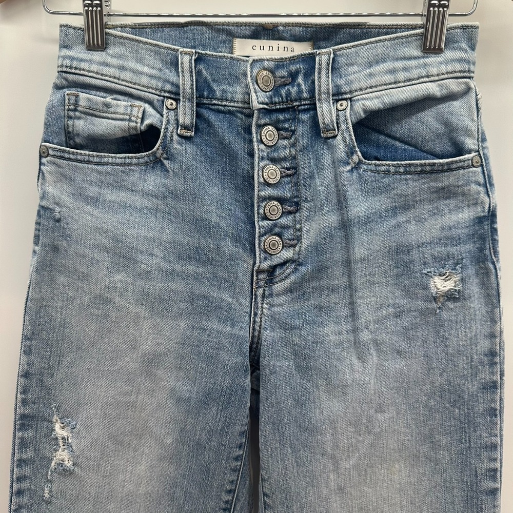 Eunina‎ Cropped Jeans Womens 1 Blue Denim Distress High Rise Wide Leg Button Fly